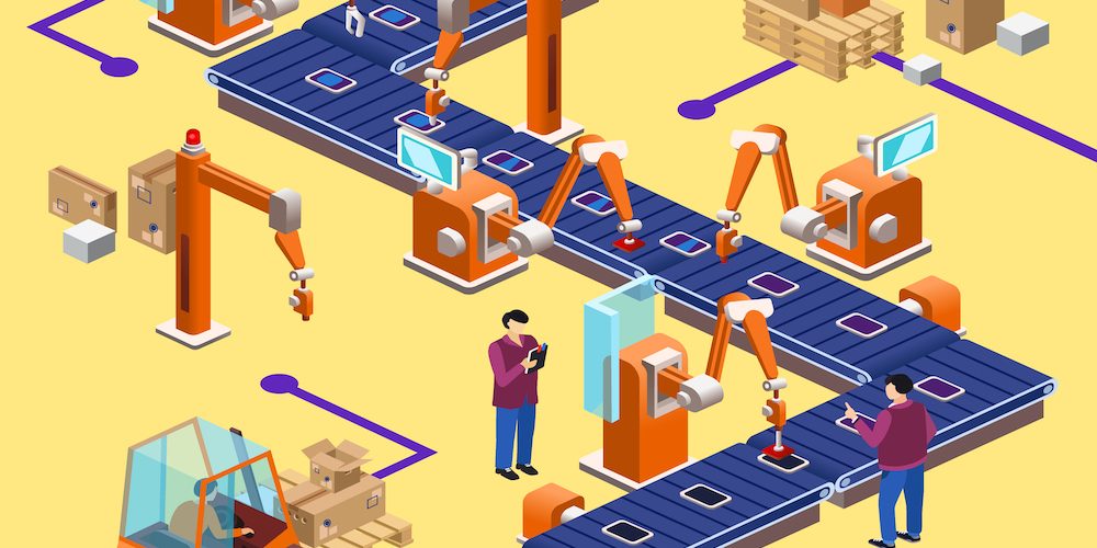 Vector isometric automatic robotic assembly line Vector isometric automatic assembly factory robotic line concept. Illustration with electronic device manufacturing factory conveyor system with industrial robots, workers, packaging boxes.